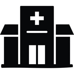 Obraz premium A black and white silhouette depiction of a hospital building with a prominent cross on the roof area
