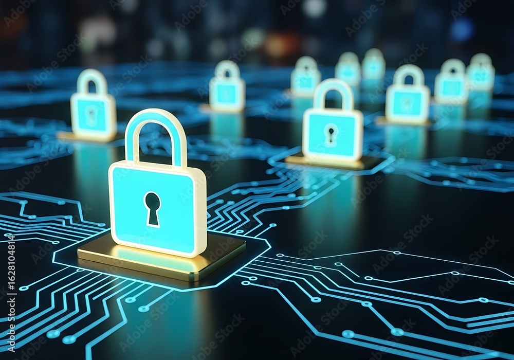 Poster digital network with glowing blue security locks and circuits