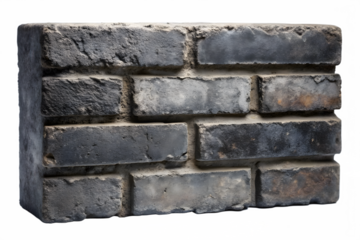 A closeup view of a weathered, dark gray brick wall section, showcasing its rough texture and aged appearance, isolated on a transparent background
