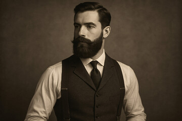 Obraz premium Bearded man in suspenders and tailored vest with confident expression