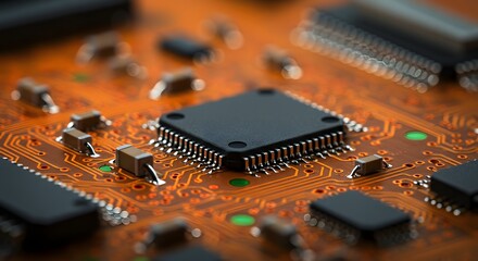 Closeup of a circuit board showcasing integrated chips and electronic components on an orange surface