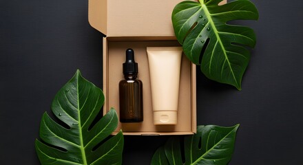 Cosmetics in box with monstera leaves on a dark surface