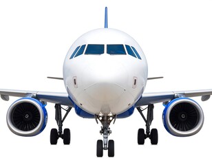 Fototapeta premium Front view of commercial airplane isolated on white background for travel concept