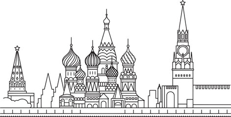 Naklejka premium Detailed Moscow Skyline Outline Vector Illustration of Iconic Landmarks and Architecture in Russia