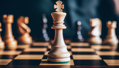 White queen stands alone on chessboard symbolizing female leadership and strength in business world vibrant lighting emphasizes elegant board and bold central position