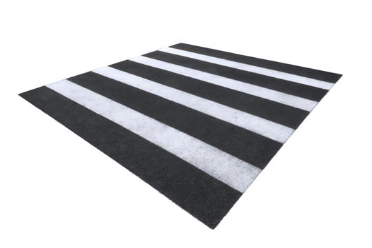 Black asphalt road with white stripes, representing a pedestrian crossing viewed from a slightly elevated angle.