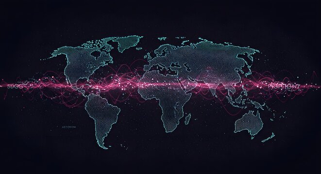 Dotted world map with a pink waveform across continents on a dark background with scattered particles