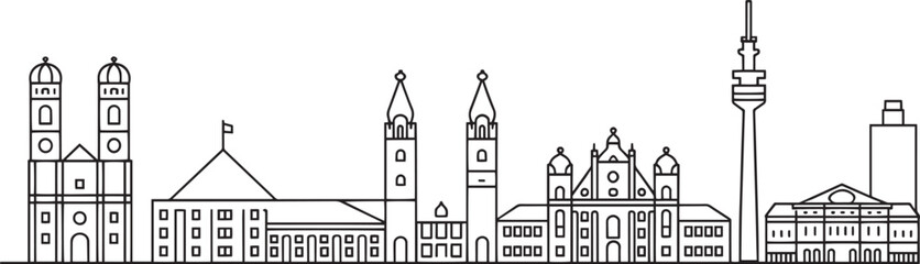 Naklejka premium Detailed Munich Skyline Outline Vector Illustration of Iconic Landmarks and Architecture