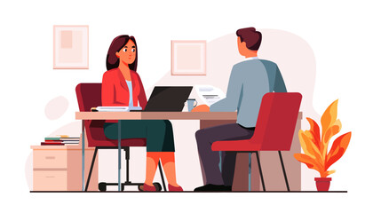 Client consulting with bank adviser at desk. Customer at table at financial service department. Loan and credit consultant, finance manager. Flat vector illustration isolated on white background