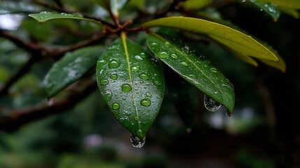 Green leaves with glistening water droplets in various sizes,