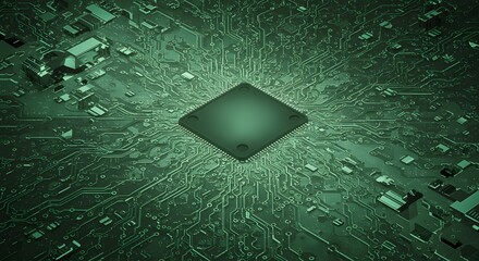 Green circuit board with a square chip in the center dense with electronic components and intricate circuit pathways