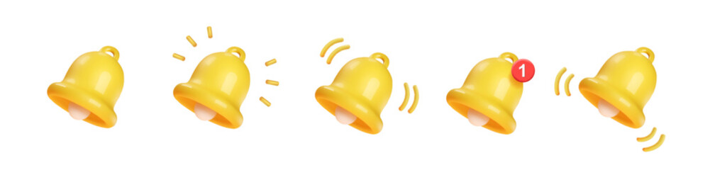 3d notification bell icon set isolated on white background. 3d render yellow ringing alarm bell notice. New message notification sign. Social media reminder. Realistic alert vector icon