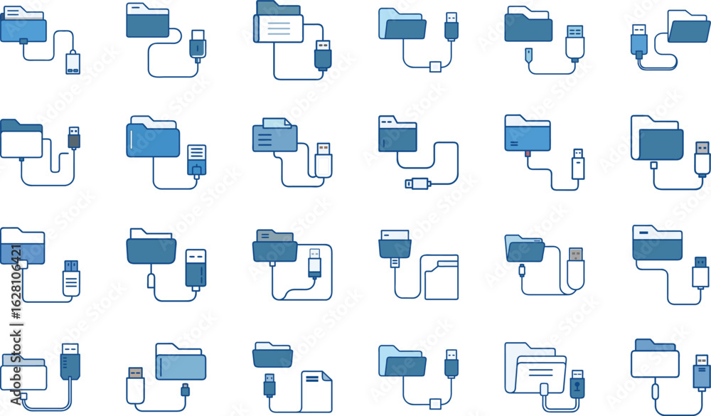 Poster vector illustrations depicting data transfer concepts with folder and usb connection icons