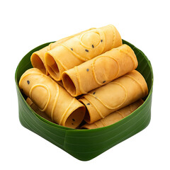 Thai dessert crispy Thong Muan rolls, golden Thai dessert in traditional tone, Thong Muan PNG die-cut for bakery packaging design