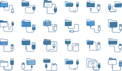 Vector illustrations depicting data transfer concepts with folder and usb connection icons