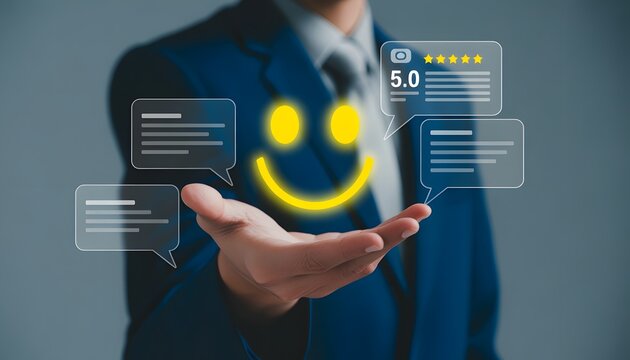 Customer Satisfaction: A business professional presents a radiant, glowing smile with a flawless five-star rating, showcasing exceptional service quality.