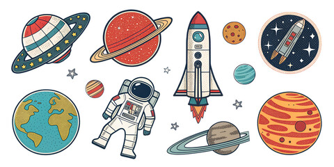This collection showcases a vibrant set of retro-style space stickers. Elements include colorful planets like Earth and Saturn, a classic rocket ready for launch, and an astronaut exploring the cosmos
