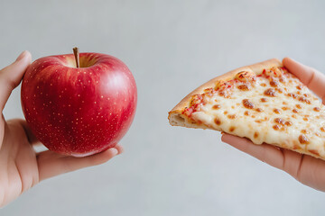 Healthy choice vs. unhealthy temptation: An apple and a pizza slice offer a stark contrast in dietary decisions. Which will you choose for a balanced diet?
