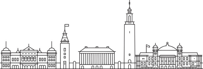 Obraz premium Detailed Outline of a Cityscape with Historical Buildings and Landmarks Vector Illustration