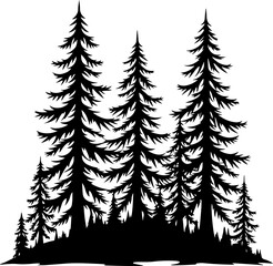 Obraz premium Dense Pine Tree Forest Silhouette VectorBlack and White Evergreen Woods IllustrationConifer Tree Cluster Forest Artwork
