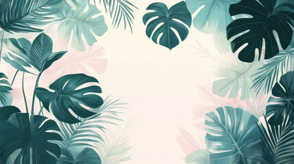 Plant pattern from tropical leaves of Monstera on a background in color Living Coral. Top view.