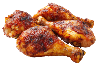 Four golden-brown, roasted chicken drumsticks, glistening with a spiced glaze