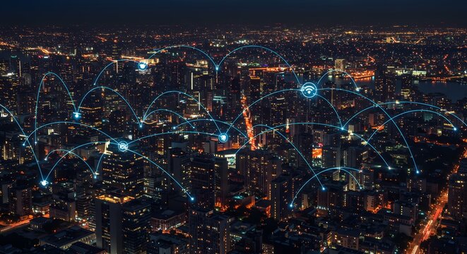 Night city aerial view with blue network lines connecting building icons