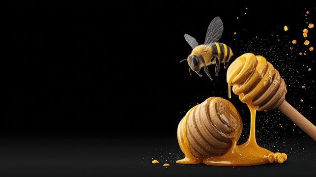 Honey dripping from a wooden dipper with a bee hovering above.