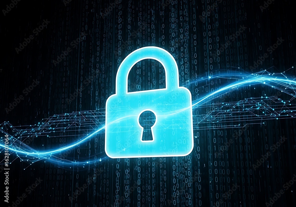 Poster digital padlock with glowing blue light and data stream