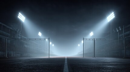 Empty stadium track at night with floodlights
