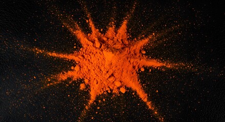 Orange powder is scattered in a starburst pattern on a black textured surface