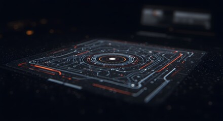 Square chip with concentric circles etched patterns in white and red on a dark surface