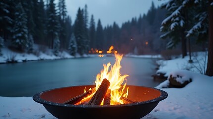 Cozy campfire by a frozen river in a snowy forest at dusk