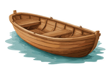 A classic brown wooden rowboat with a painted white stripe and interior benches.
