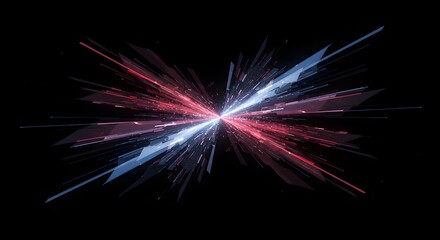 Symmetrical burst of red and blue shards from a central point against a black background
