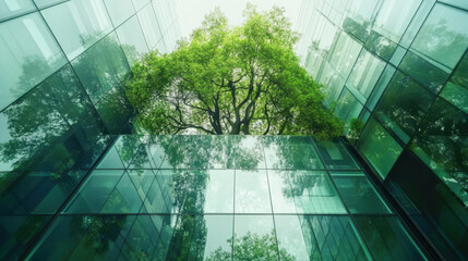 Sustainable glass office building with trees for reducing carbon dioxide