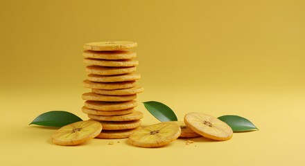 Tall stack of golden plantain chips with green leaves on a bright yellow background