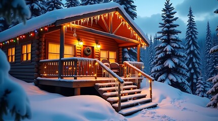 Cozy wooden cabin with warm lights and festive decorations in a snowy forest