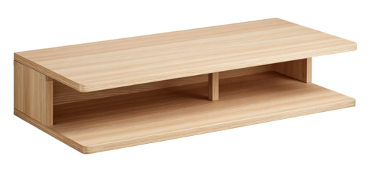 Light beige wooden wall-mounted TV stand with two shelves