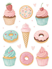 ai, png, pastel, dessert, stickers, cupcakes, donuts, ice, cream, aesthetic, colorful, sweet, treats, decoration, design, drawing, illustration, bakery, fun, creative, colors, food, art, confectionery