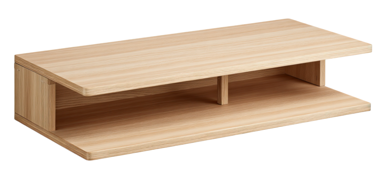 Light beige wooden wall-mounted TV stand with two shelves