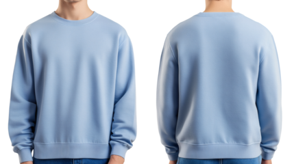 Man wearing light blue crew neck sweatshirt front and back view isolated on black