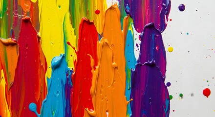 Vividly colored paint streaks create a vibrant texture dripping down a white surface