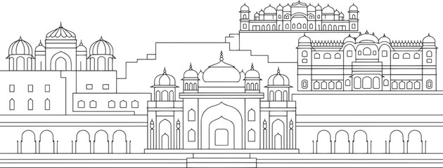 Fototapeta premium Detailed Outline of an Indian Palace Architecture with Domes and Arches on a Transparent Backdrop
