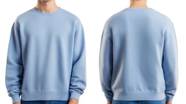 Man wearing light blue crew neck sweatshirt front and back view isolated on black - Powered by Adobe