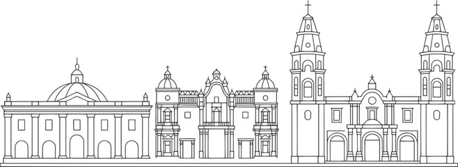 Detailed Outline of Guadalajara Cathedral and Government Palace in Jalisco, Mexico Skyline