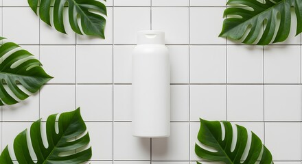 White bottle lies centered among tropical leaves on a grid of white tiles