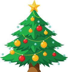 Glowing Ornaments On Realistic Christmas Tree Illustration.