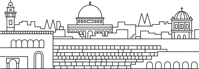 Fototapeta premium Detailed Outline of Jerusalem Skyline with Buildings and Domes on a Transparent Backdrop