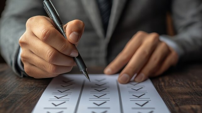 Businessman taking business questionnaire: Questionnaire with checkboxes, filling survey form online, answering questions of a test. Survey form concept.